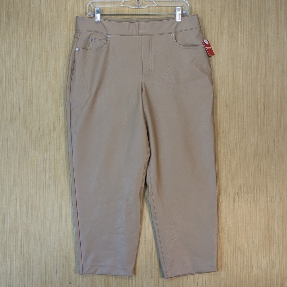 Spanx Womens Faux‎ Leather Slim Straight Pants Beige Toffee Petite XL Chic New